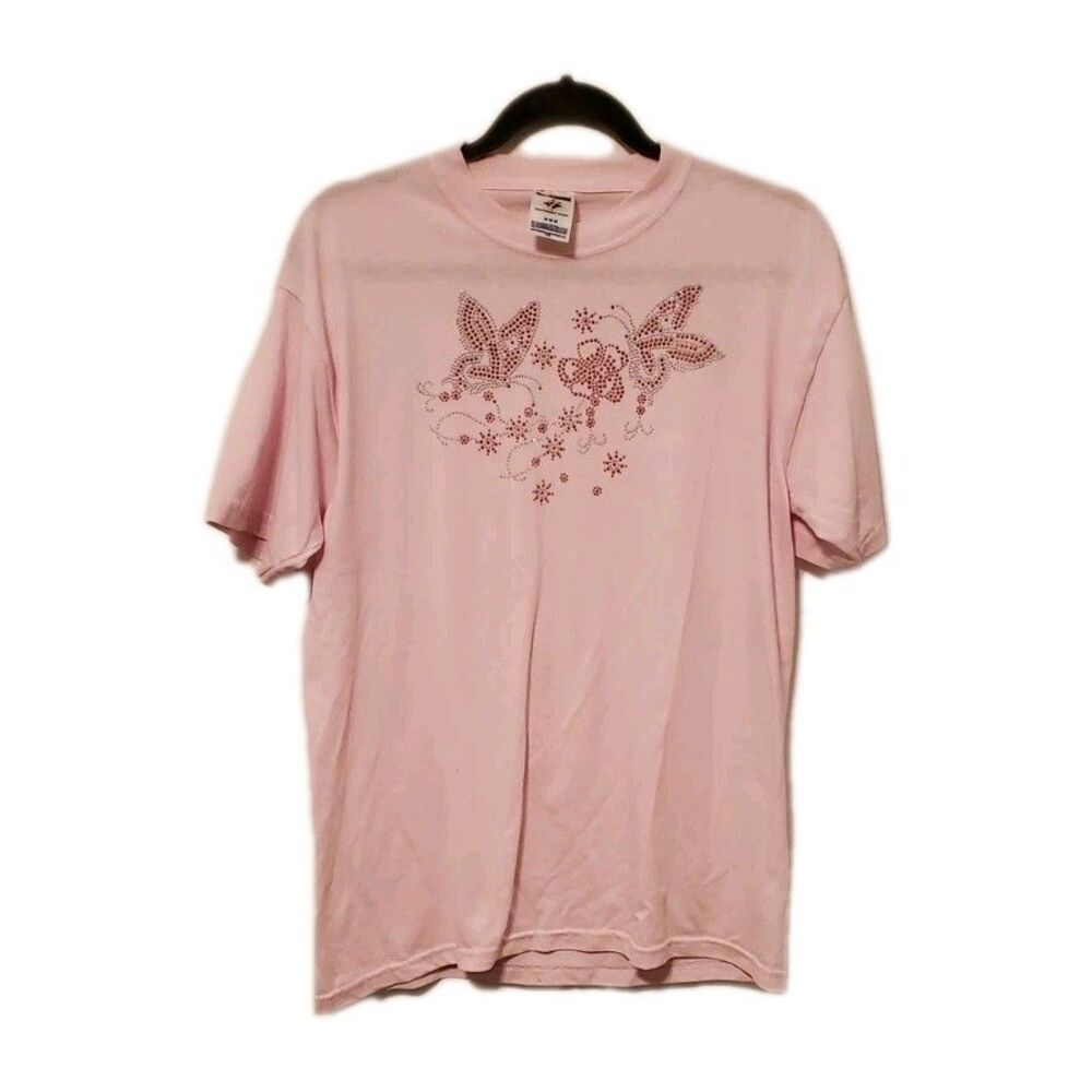 VINTAGE 1990s Powder Pastel Pink M Tee Shirt Butterflies Bedazzled Bling Grandma